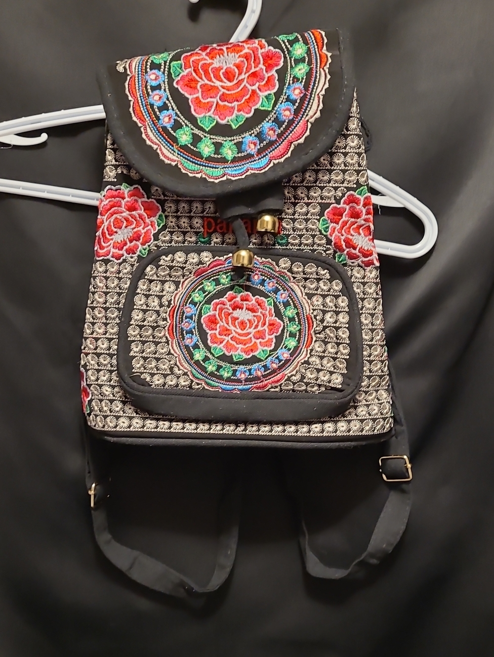 Embroidered Floral Black Canvas Backpack - Stylish Women’s Shoulder Bag